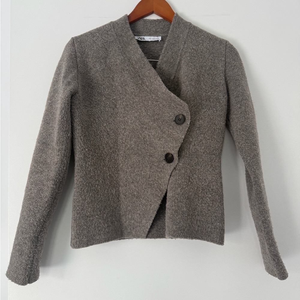 Zara Taupe-Asymmetric Buttoned Knit Jacket